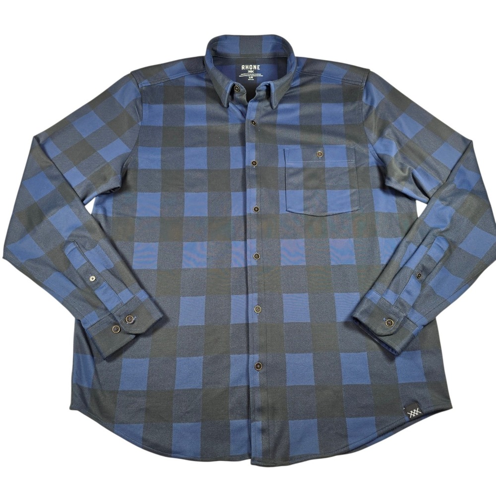 RHONE Blue Plaid Checkerd Button Down Performance Hardy Flannel Shirt Men's Sz L